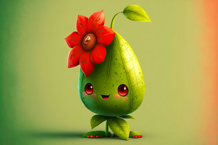 cute cartoon character leaf with beautiful red flower on light green sprout, generative aiの写真素材