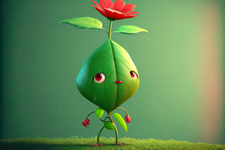 cute cartoon character leaf with beautiful red flower on light green sprout, generative aiの写真素材
