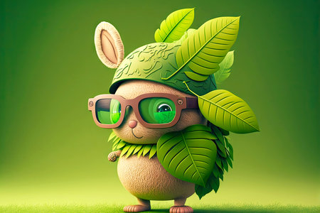 cute cartoon character leaf in form of funny rabbit with glasses and cap, generative aiの写真素材