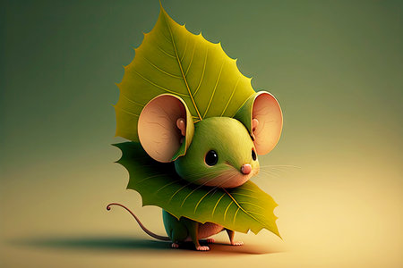 cute cartoon character leaf in form of mouse with ears up, generative aiの写真素材