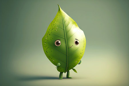 cute cartoon character leaf on grey background, generative aiの写真素材