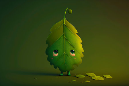 lonely cute cartoon character leaf sad look on dark green background, generative aiの写真素材
