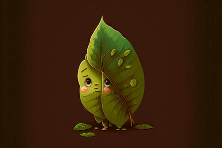 lonely cute cartoon character leaf sad look on dark green background, generative aiの写真素材