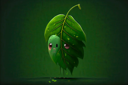 lonely cute cartoon character leaf sad look on dark green background, generative aiの写真素材