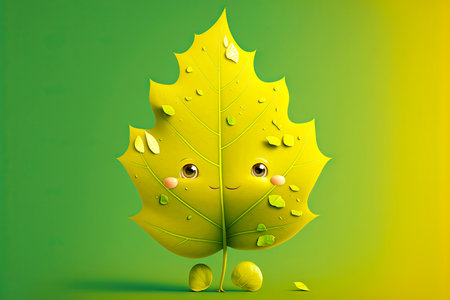 yellow cute cartoon character leaf on green background, generative aiの写真素材