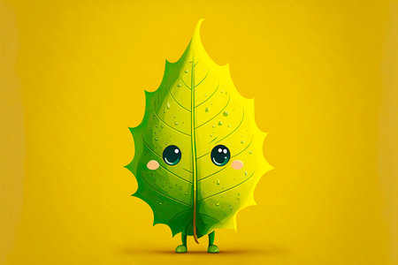 yellow cute cartoon character leaf on green background, generative aiの写真素材