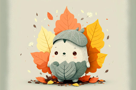 grey autumn background with cute cartoon character leaf, generative aiの写真素材