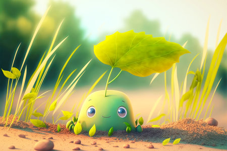 cute cartoon character leaf lying in field on light background, generative aiの写真素材