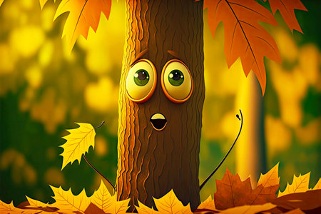 funny face of funny cute cartoon character leaf on background of autumn tree foliage, generative aiの写真素材