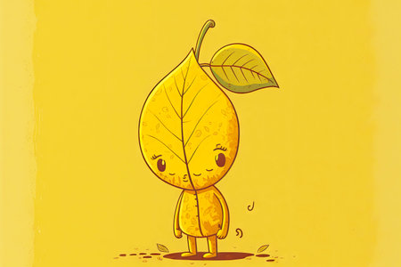 handdrawn cute cartoon character leaf standing on yellow background, generative aiの写真素材