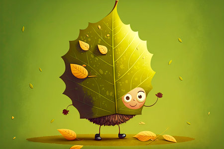 funny autumn cute cartoon character leaf on green background, generative aiの写真素材