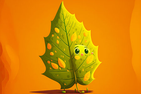 funny autumn cute cartoon character leaf on green background, generative aiの写真素材