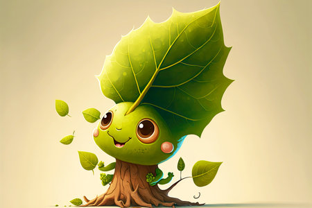 growing on tree cute cartoon character leaf, generative aiの写真素材