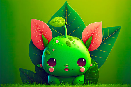 sweet cute cartoon character leaf with ears and mouth on green background, generative aiの写真素材