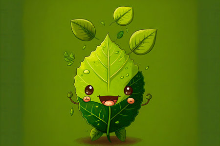 sweet cute cartoon character leaf with ears and mouth on green background, generative aiの写真素材