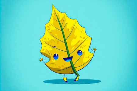yellow cute cartoon character leaf on blue background, generative aiの写真素材
