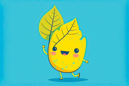 yellow cute cartoon character leaf on blue background, generative aiの写真素材