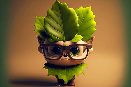 handsome intelligent cute cartoon character leaf in glasses, generative aiの写真素材