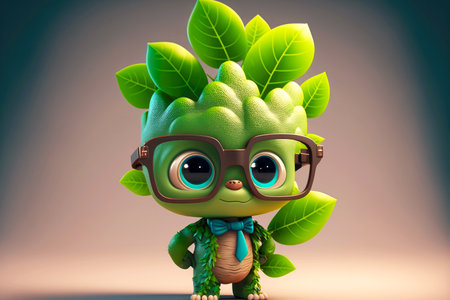 handsome intelligent cute cartoon character leaf in glasses, generative aiの写真素材