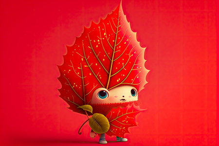 cute cartoon character leaf on red background, generative aiの写真素材