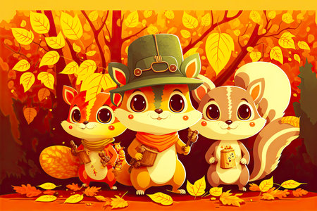 cute cartoon character leaf autumn season with squirrels on orange background, generative aiの写真素材
