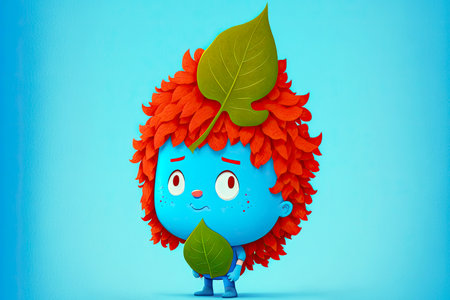 cute cartoon character leaf with red hair on blue background, generative aiの写真素材