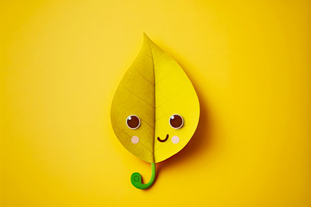 cute cartoon character leaf with ears on yellow background, generative aiの写真素材