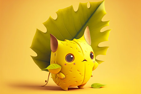cute cartoon character leaf with ears on yellow background, generative aiの写真素材