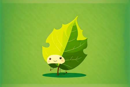background with cute cartoon character leaf on green background, generative aiの写真素材