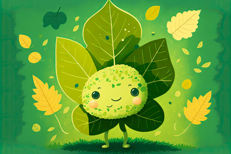 background with cute cartoon character leaf on green background, generative aiの写真素材