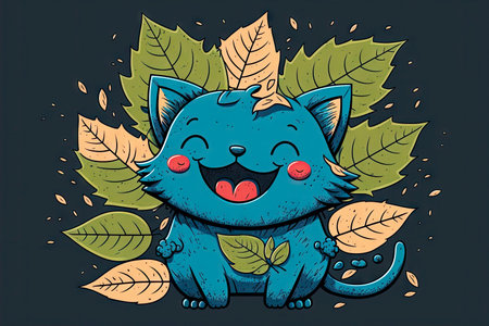cute cartoon character leaf in form of smiling cat on blue background, generative aiの写真素材
