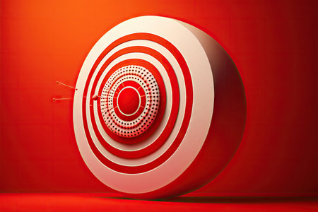 bullseye target of business basketball ball in light on red background, generative ai