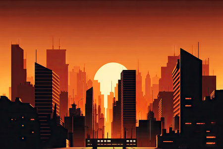 cityscape of business district with office buildings against background of dawn illustration flat style, generative aiの写真素材
