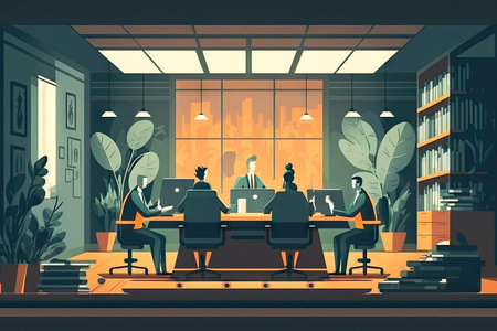 office interior with conference table, consultants and employees team work together in business...