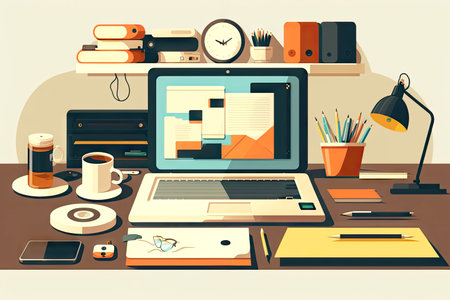 table with office equipment and laptop, business illustration flat style, generative aiの写真素材