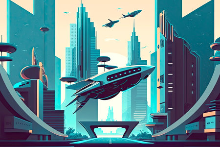 futuristic cyber city office with skyscrapers and flying transport business illustration flat style, generative aiの写真素材
