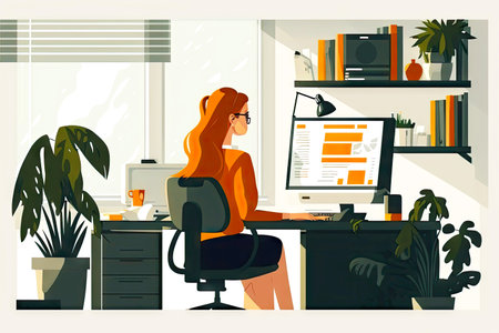 female professional employee sitting at desk and working on computer, business illustration flat style, generative aiの写真素材