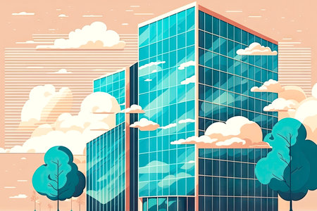 vertical view of office building with clouds background business illustration flat style, generative aiの写真素材