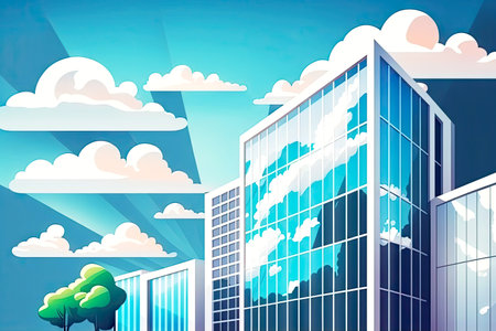 vertical view of office building with clouds background business illustration flat style, generative aiの写真素材