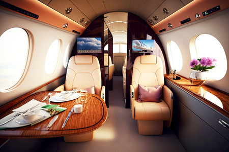 private business jet aircraft interior with comfortable seats, small tables and decorations,...