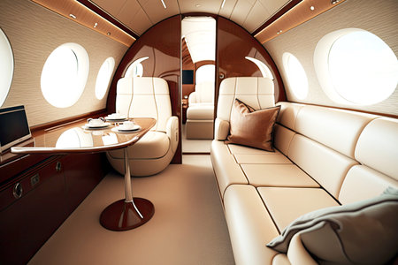 business jet aircraft interior with comfortable leather sofas and table, generative aiの写真素材