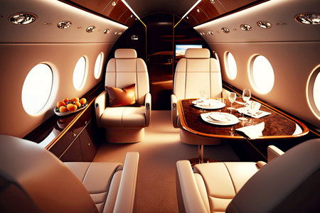private jet aircraft business interior with leather sofas and table, generative ai