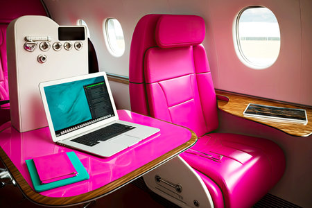 hot pink leather business jet aircraft interior with work table, laptop and phone, generative ai