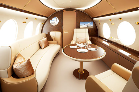 large business jet aircraft interior with sofa and round tables, generative ai