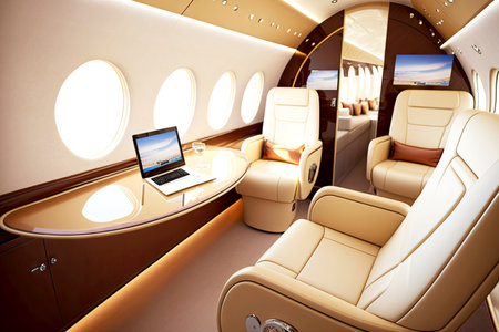 business jet aircraft interior with comfortable ergonomic armchairs and couches, generative ai