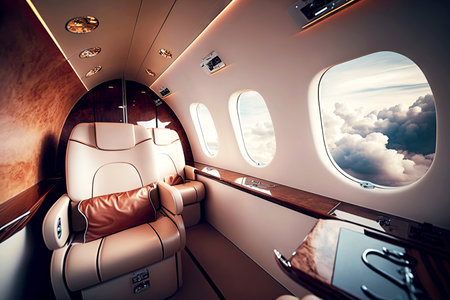 business jet aircraft interior against backdrop of fluffy white clouds, generative aiの写真素材