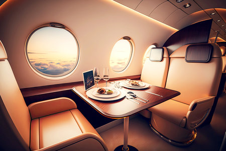 luxury leather chairs and table in business jet aircraft interior, generative aiの写真素材