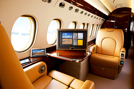 business jet aircraft interior with comfortable seats and tvs on walls, generative aiの写真素材