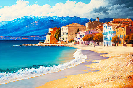 beach resort sandy shore and sea on cret e coastline with city generative aiの写真素材