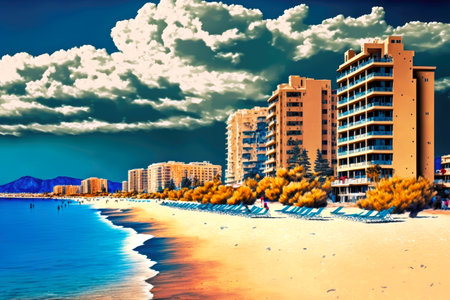 beach resort sandy shore and sea on cret e coastline with city generative aiの写真素材